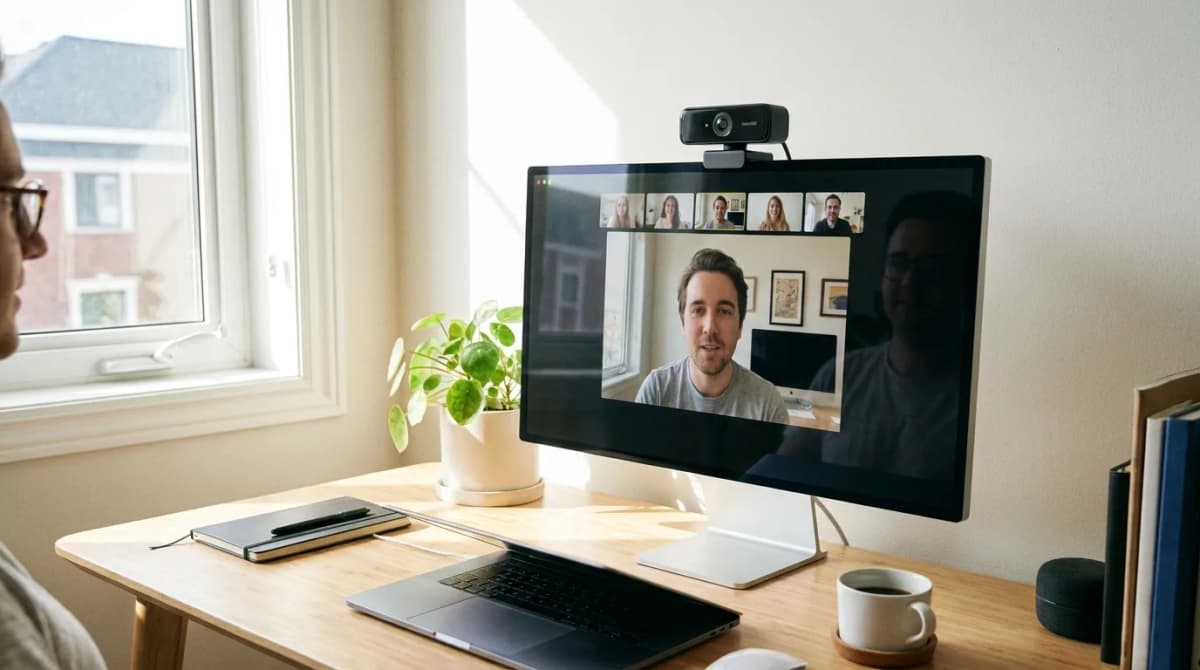 Insta360 Link 2 Pro webcam mounted on monitor in home office setup