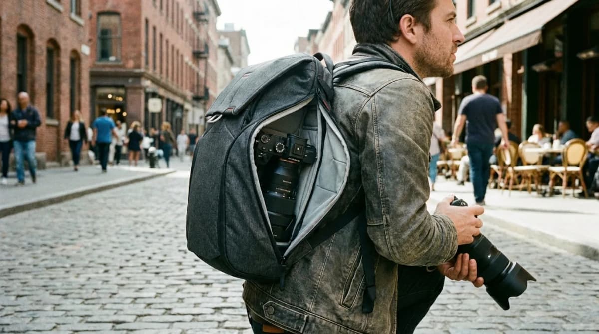 Peak Design Everyday Backpack V3 lifestyle shot worn by photographer showing side access