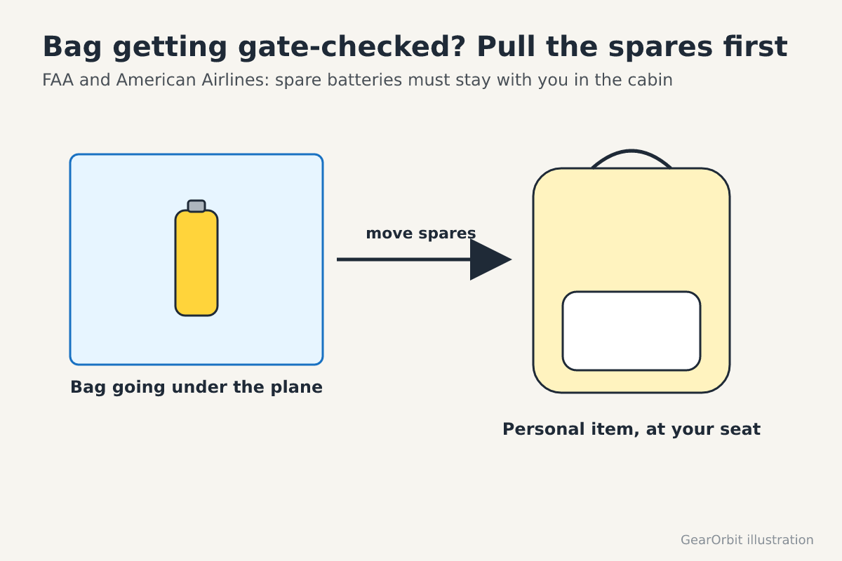 Spare batteries moved from a gate-checked bag into the personal item at the seat