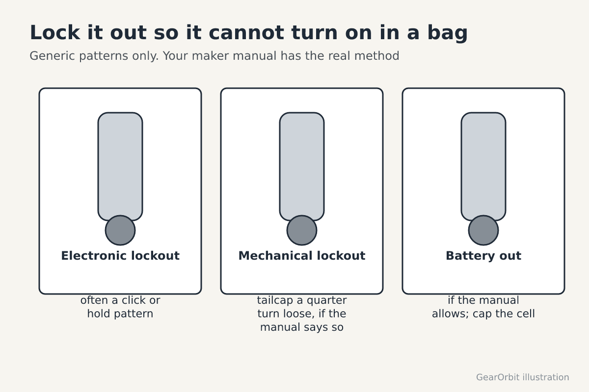 Three panels: an electronic lockout, a mechanical tailcap lockout and the battery removed, each noting to check the maker manual