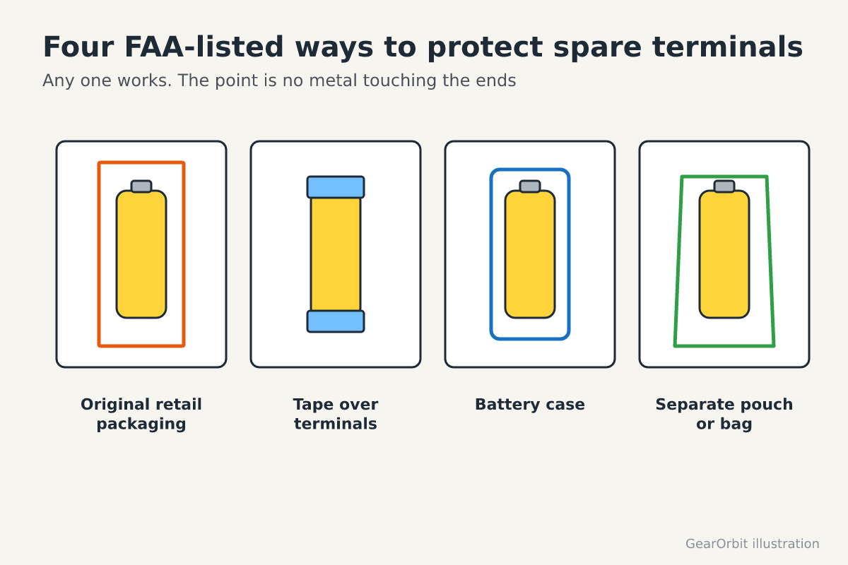 Four ways to protect spare cell terminals: retail packaging, tape, a battery case and a separate pouch