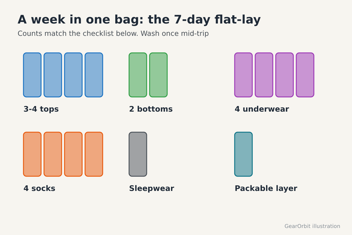 Flat-lay illustration showing four tops, two bottoms, four underwear, four socks, sleepwear and a packable layer