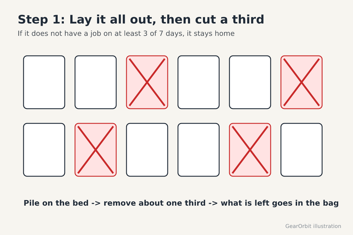 Twelve items laid out with four crossed out