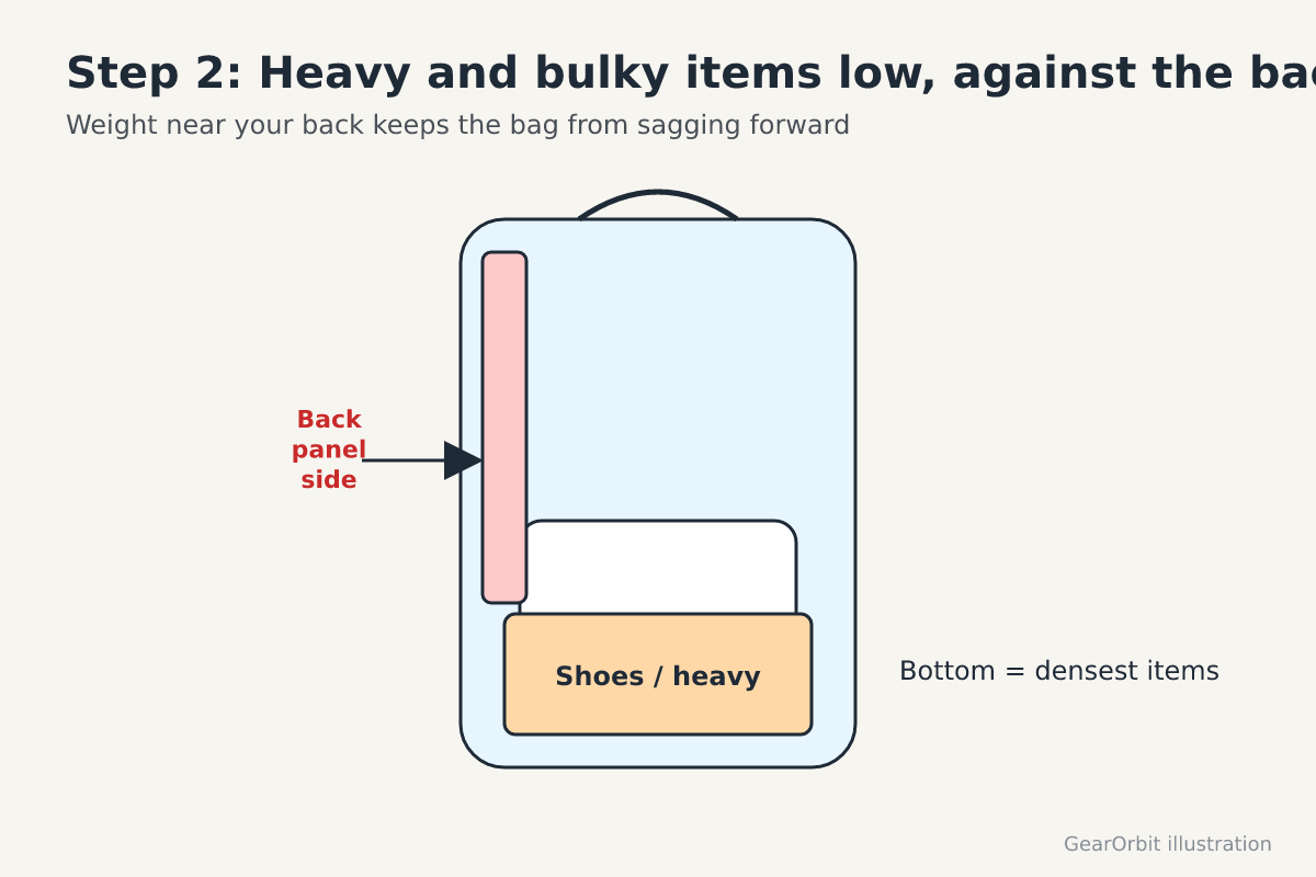 Backpack cutaway with shoes at the base against the back panel