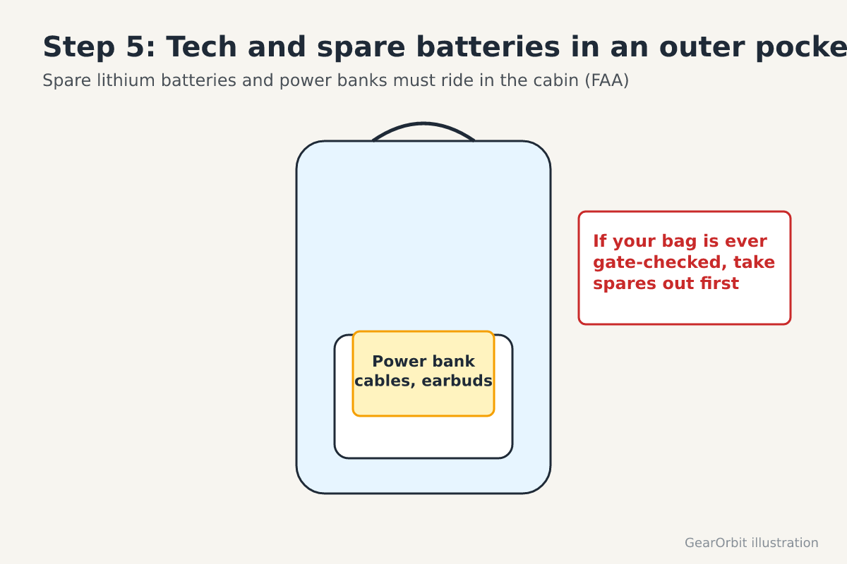 Power bank and cables in the outer pocket