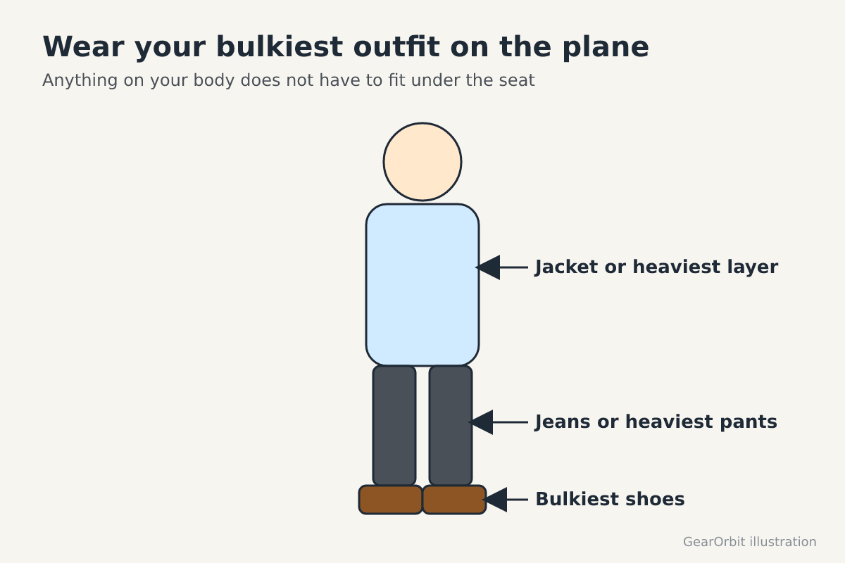 Outline of a traveler with the jacket, jeans and shoes called out as items to wear rather than pack