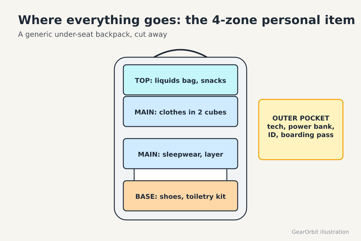 Cutaway of a generic under-seat backpack with four zones: liquids on top, clothes in two cubes in the middle, shoes at the base and tech in the outer pocket